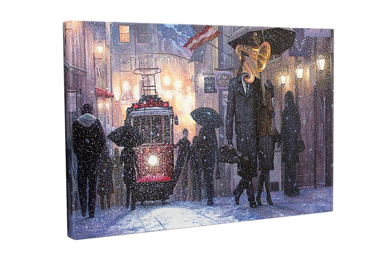 Lerretsbilde - Mørkt bybilde med en gammeldags trikk og folk med paraplyer i snøfall - Mørk blå / Rød / Grå - Innredning - Bilder & kunst - Lerretsbilder