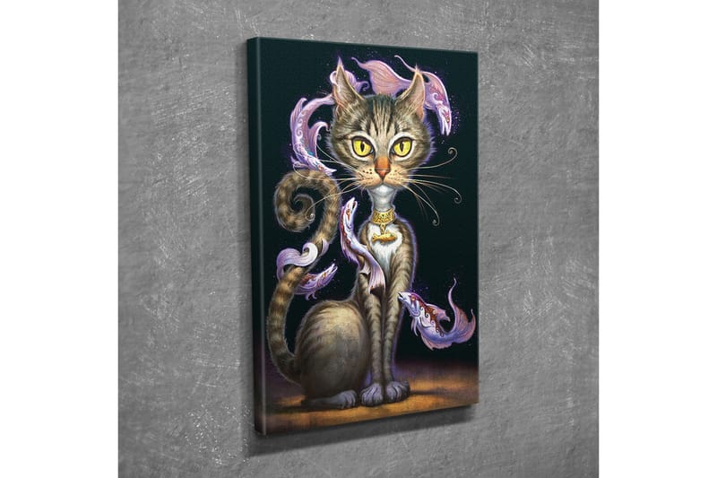 Lerretsbilde - Magisk katt med store gule øyne og virvlende dekorativ fisk rundt kroppen - Svart / Lilla / Brun - Innredning - Bilder & kunst - Lerretsbilder