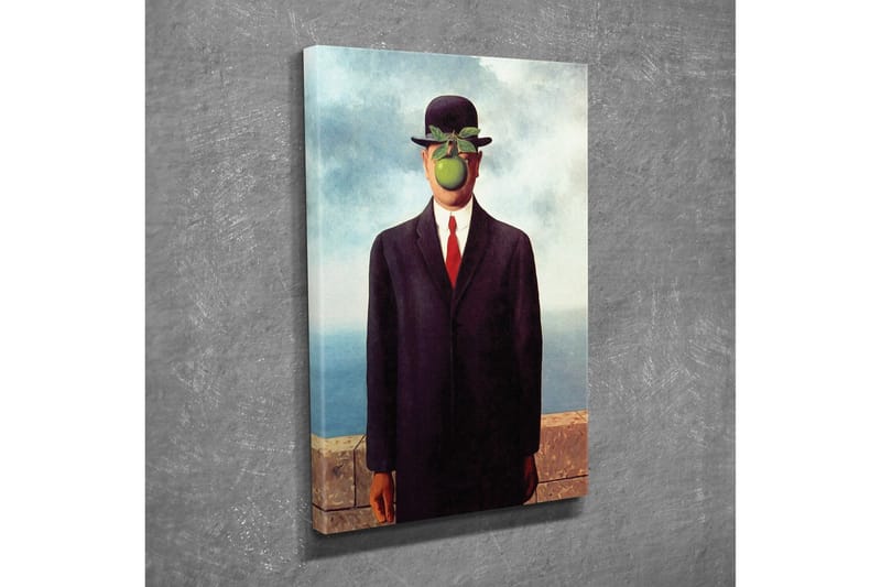 Lerretsbilde - Mann med eple foran ansiktet i dress og hatt - Mørk blå / Grønn / Svart - Innredning - Bilder & kunst - Lerretsbilder