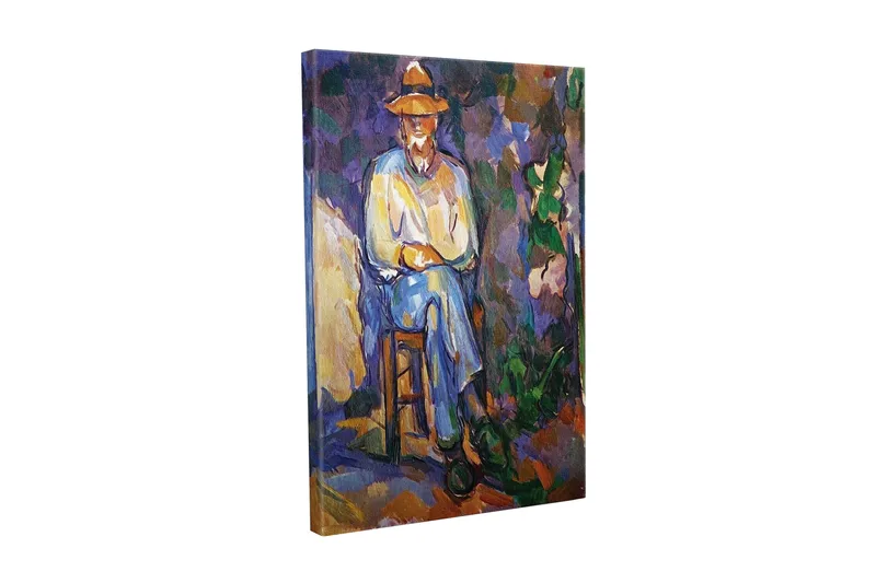 Lerretsbilde - Mann sittende på en stol med hatt, Lilla / Blå / Grønn