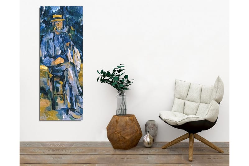 Lerretsbilde - Mann sitter med hund i et avslappet miljø - Blå / Beige / Grønn - Innredning - Bilder & kunst - Lerretsbilder