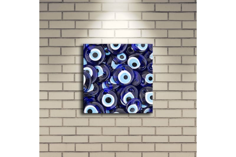 Lerretsbilde med LED-belysning 28x28 cm - Blå øyeformede amuletter i et mønster - Blå / Hvit / Svart - Innredning - Bilder & kunst - Lerretsbilder