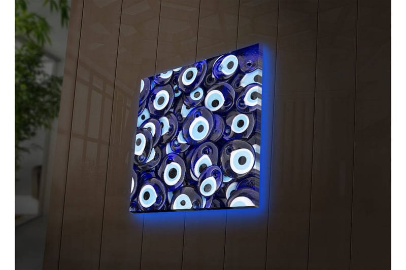 Lerretsbilde med LED-belysning 28x28 cm - Blå øyeformede amuletter i et mønster - Blå / Hvit / Svart - Innredning - Bilder & kunst - Lerretsbilder