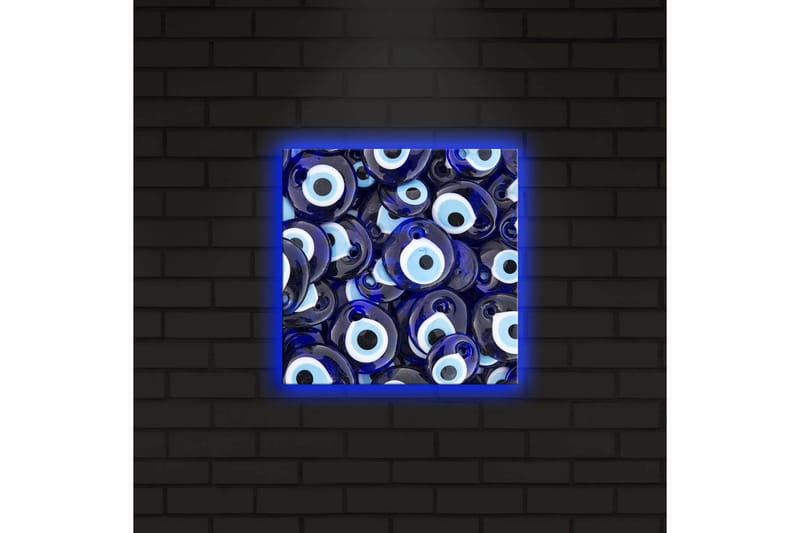 Lerretsbilde med LED-belysning 28x28 cm - Blå øyeformede amuletter i et mønster - Blå / Hvit / Svart - Innredning - Bilder & kunst - Lerretsbilder
