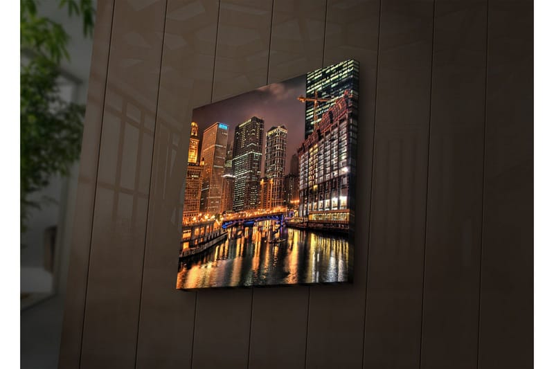 Lerretsbilde med LED-belysning 28x28 cm - Bysilhuett med opplyste skyskrapere ved vannkanten - Gull / Blå / Svart - Innredning - Bilder & kunst - Lerretsbilder