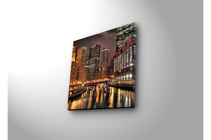 Lerretsbilde med LED-belysning 28x28 cm - Bysilhuett med opplyste skyskrapere ved vannkanten - Gull / Blå / Svart - Innredning - Bilder & kunst - Lerretsbilder