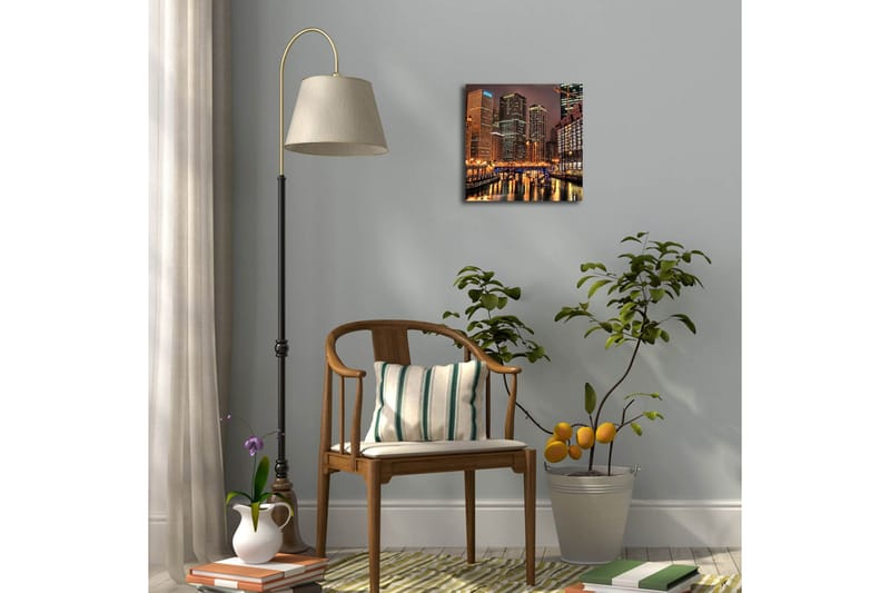 Lerretsbilde med LED-belysning 28x28 cm - Bysilhuett med opplyste skyskrapere ved vannkanten - Gull / Blå / Svart - Innredning - Bilder & kunst - Lerretsbilder