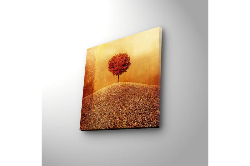 Lerretsbilde med LED-belysning 28x28 cm - Ensomt rødt tre på en gyllen ås - Rød / Gull / Beige - Innredning - Bilder & kunst - Lerretsbilder