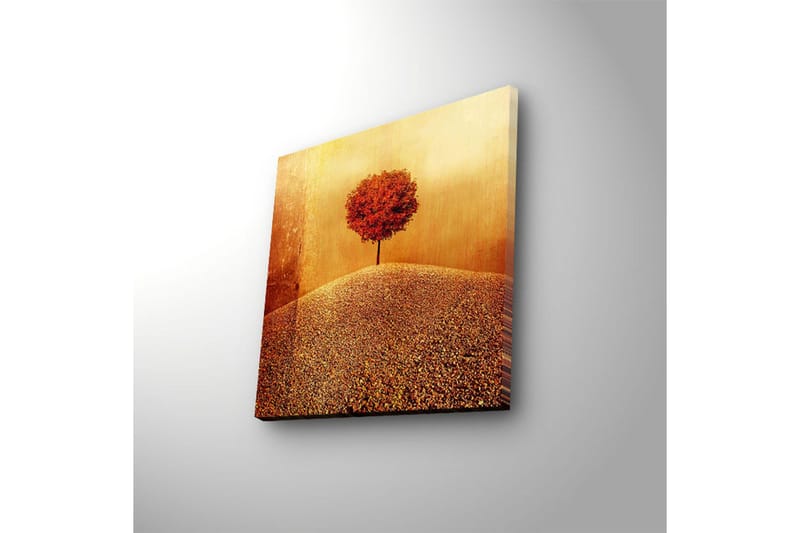 Lerretsbilde med LED-belysning 28x28 cm - Ensomt rødt tre på en gyllen ås - Rød / Gull / Beige - Innredning - Bilder & kunst - Lerretsbilder