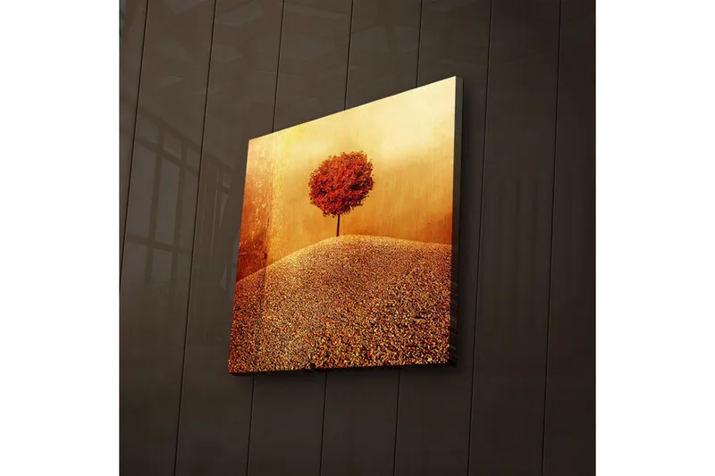 Lerretsbilde med LED-belysning 28x28 cm - Ensomt rødt tre på en gyllen ås - Rød / Gull / Beige - Innredning - Bilder & kunst - Lerretsbilder