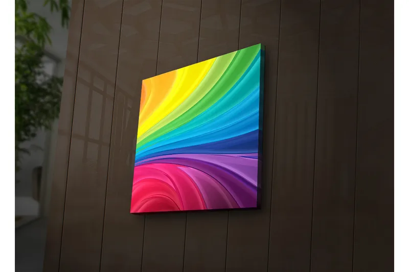 Lerretsbilde med LED-belysning 28x28 cm - Fargerik abstrakt komposisjon med sveipende linjer - Gul / Grønn / Blå - Innredning - Bilder & kunst - Lerretsbilder