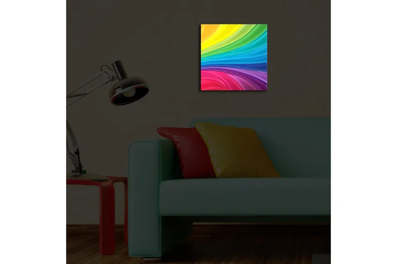 Lerretsbilde med LED-belysning 28x28 cm - Fargerik abstrakt komposisjon med sveipende linjer - Gul / Grønn / Blå - Innredning - Bilder & kunst - Lerretsbilder