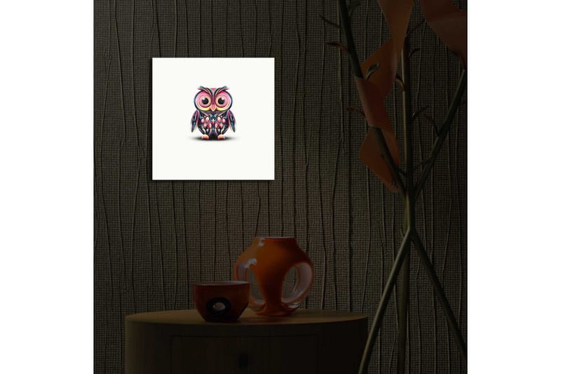 Lerretsbilde med LED-belysning 28x28 cm - Fargerik ugle med store øyne - Lilla / Grønn / Rosa - Innredning - Bilder & kunst - Lerretsbilder
