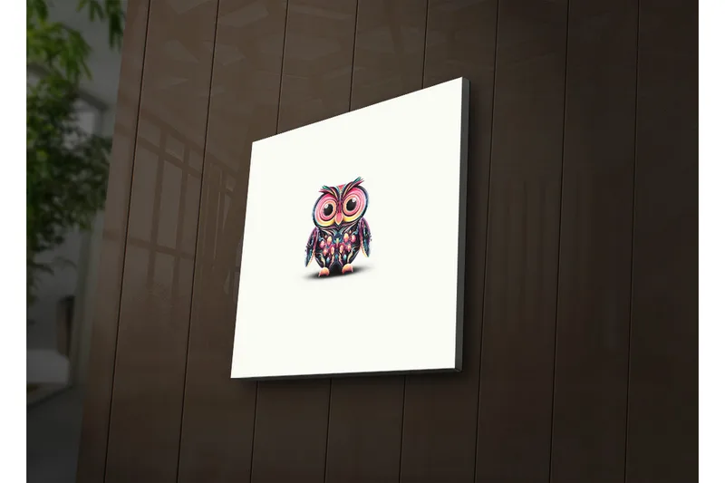 Lerretsbilde med LED-belysning 28x28 cm - Fargerik ugle med store øyne - Lilla / Grønn / Rosa - Innredning - Bilder & kunst - Lerretsbilder