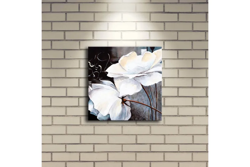 Lerretsbilde med LED-belysning 28x28 cm - Hvite blomster med elegante detaljer - Hvit / Grå / Brun - Innredning - Bilder & kunst - Lerretsbilder