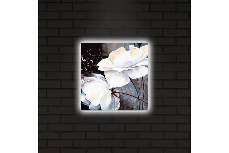 Lerretsbilde med LED-belysning 28x28 cm - Hvite blomster med elegante detaljer - Hvit / Grå / Brun - Innredning - Bilder & kunst - Lerretsbilder