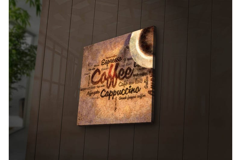 Lerretsbilde med LED-belysning 28x28 cm - Kaffeinspirert kunstverk med tekst og kaffekopper - Brun / Beige / Svart - Innredning - Bilder & kunst - Lerretsbilder