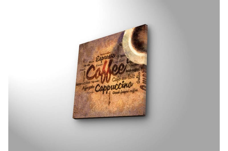 Lerretsbilde med LED-belysning 28x28 cm - Kaffeinspirert kunstverk med tekst og kaffekopper - Brun / Beige / Svart - Innredning - Bilder & kunst - Lerretsbilder