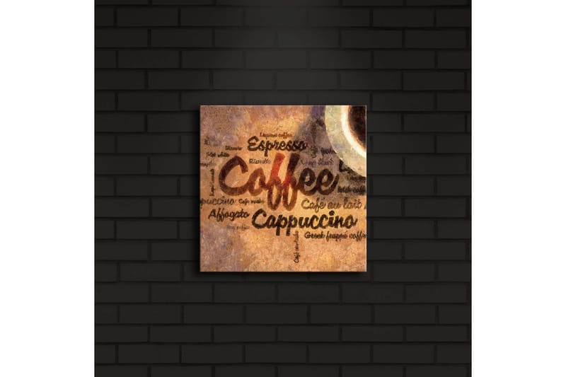Lerretsbilde med LED-belysning 28x28 cm - Kaffeinspirert kunstverk med tekst og kaffekopper - Brun / Beige / Svart - Innredning - Bilder & kunst - Lerretsbilder