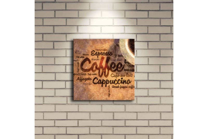 Lerretsbilde med LED-belysning 28x28 cm - Kaffeinspirert kunstverk med tekst og kaffekopper - Brun / Beige / Svart - Innredning - Bilder & kunst - Lerretsbilder