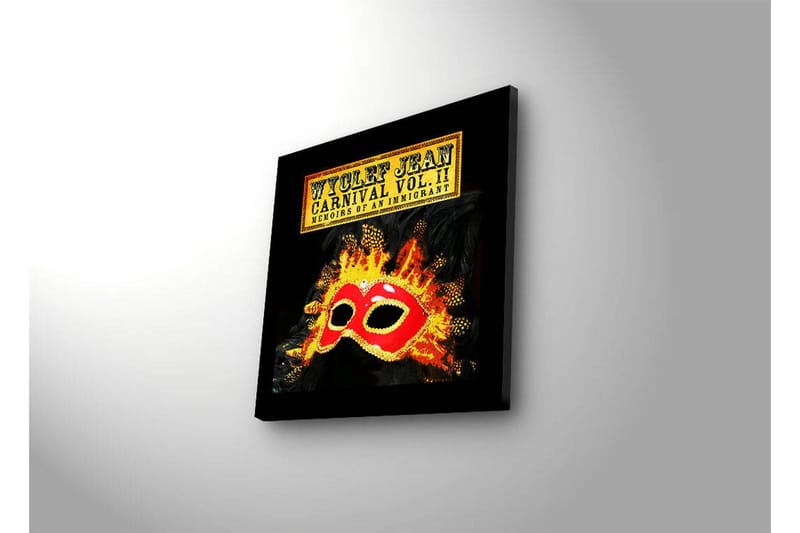 Lerretsbilde med LED-belysning 28x28 cm - Maske med fargerike detaljer og flammende bakgrunn - Rød / Oransje / Svart - Innredning - Bilder & kunst - Lerretsbilder