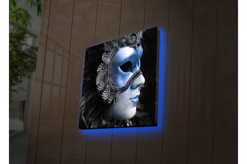 Lerretsbilde med LED-belysning 28x28 cm - Maskert kvinne med glitrende blå maske - Blå / Svart - Innredning - Bilder & kunst - Lerretsbilder