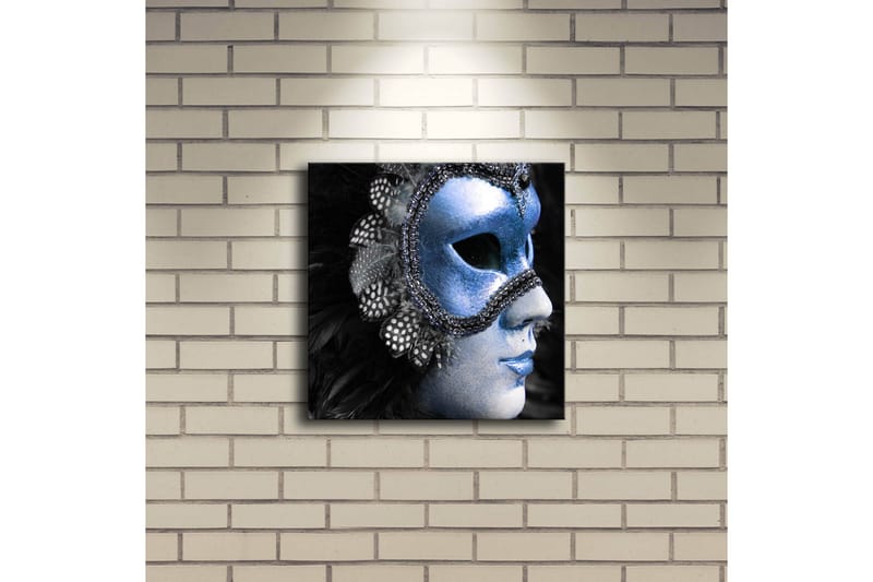 Lerretsbilde med LED-belysning 28x28 cm - Maskert kvinne med glitrende blå maske - Blå / Svart - Innredning - Bilder & kunst - Lerretsbilder