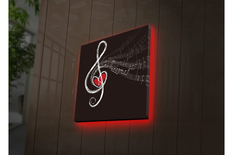 Lerretsbilde med LED-belysning 28x28 cm - Notesymbol med hjerte og noter - Svart / Hvit / Rød - Innredning - Bilder & kunst - Lerretsbilder