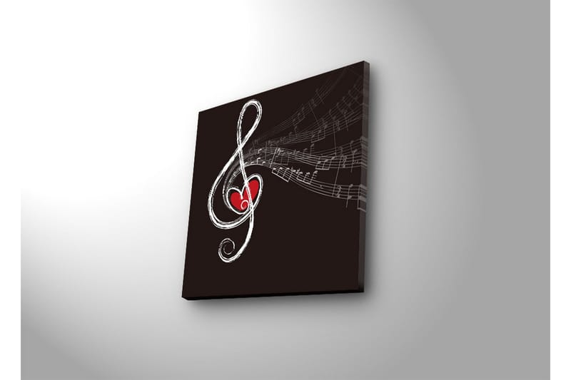 Lerretsbilde med LED-belysning 28x28 cm - Notesymbol med hjerte og noter - Svart / Hvit / Rød - Innredning - Bilder & kunst - Lerretsbilder