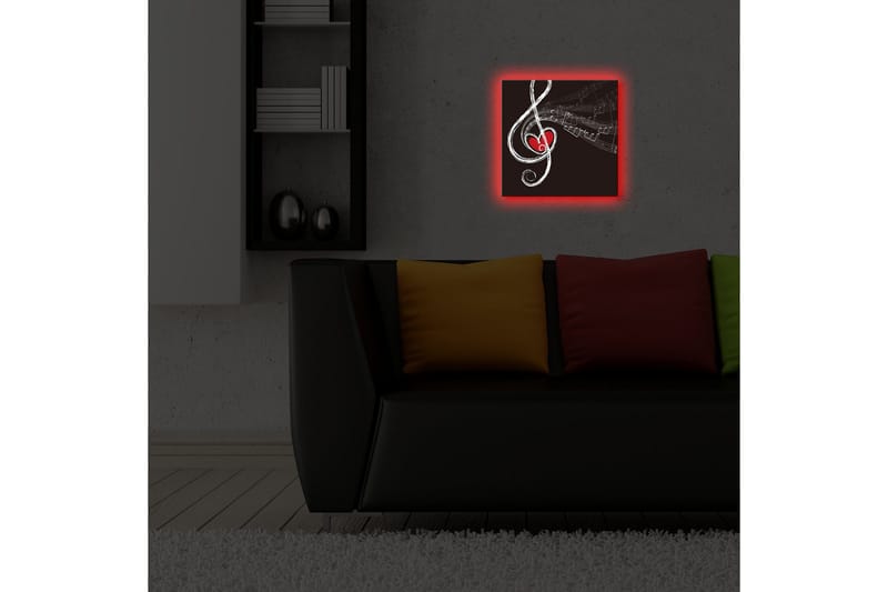 Lerretsbilde med LED-belysning 28x28 cm - Notesymbol med hjerte og noter - Svart / Hvit / Rød - Innredning - Bilder & kunst - Lerretsbilder