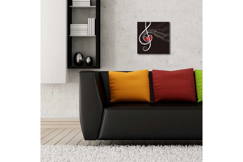 Lerretsbilde med LED-belysning 28x28 cm - Notesymbol med hjerte og noter - Svart / Hvit / Rød - Innredning - Bilder & kunst - Lerretsbilder