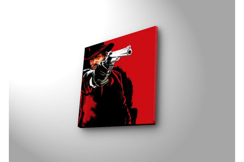 Lerretsbilde med LED-belysning 28x28 cm - Skarpt portrett av en revolvermann med en pistol i hånden - Rød / Svart - Innredning - Bilder & kunst - Lerretsbilder