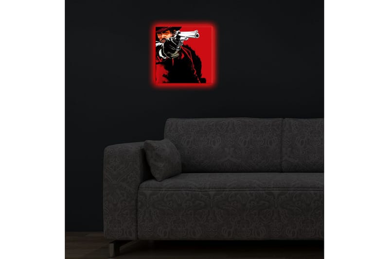 Lerretsbilde med LED-belysning 28x28 cm - Skarpt portrett av en revolvermann med en pistol i hånden - Rød / Svart - Innredning - Bilder & kunst - Lerretsbilder