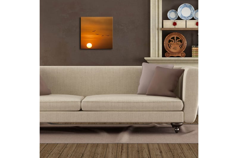 Lerretsbilde med LED-belysning 28x28 cm - Solnedgang med flygende fugler - Oransje / Gul / Svart - Innredning - Bilder & kunst - Lerretsbilder