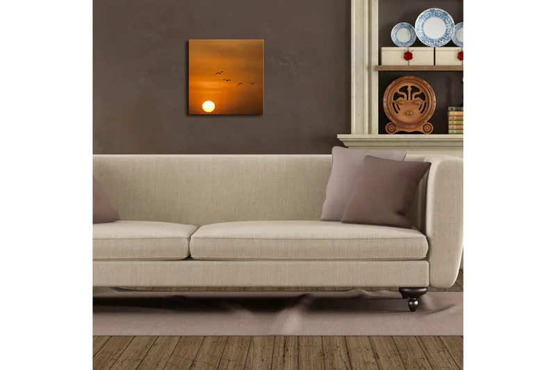 Lerretsbilde med LED-belysning 28x28 cm - Solnedgang med flygende fugler - Oransje / Gul / Svart - Innredning - Bilder & kunst - Lerretsbilder