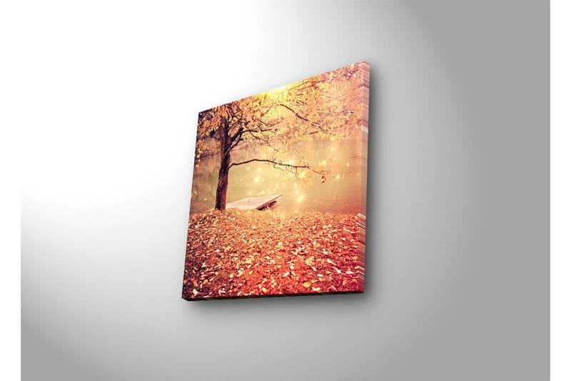 Lerretsbilde med LED-belysning 28x28 cm - Vakker høstscene med et tre og en båt ved en speilblank innsjø - Oransje / Gull / Brun - Innredning - Bilder & kunst - Lerretsbilder