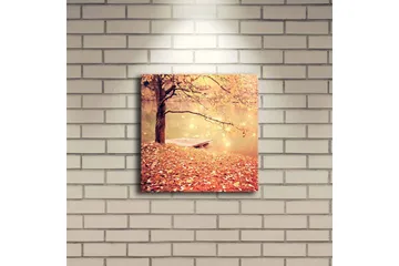 Lerretsbilde med LED-belysning 28x28 cm - Vakker høstscene med et tre og en båt ved en speilblank innsjø - Oransje / Gull / Brun - Innredning - Bilder & kunst - Lerretsbilder