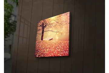 Lerretsbilde med LED-belysning 28x28 cm - Vakker høstscene med et tre og en båt ved en speilblank innsjø - Oransje / Gull / Brun - Innredning - Bilder & kunst - Lerretsbilder