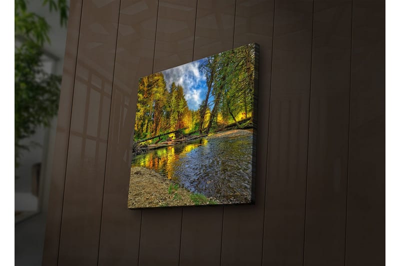 Lerretsbilde med LED-belysning 28x28 cm - Vakkert høstlandskap med fargerike trær ved en speilblank elv - Grønn / Oransje / Blå - Innredning - Bilder & kunst - Lerretsbilder