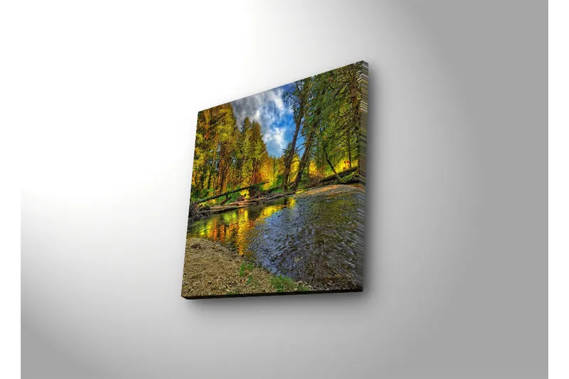 Lerretsbilde med LED-belysning 28x28 cm - Vakkert høstlandskap med fargerike trær ved en speilblank elv - Grønn / Oransje / Blå - Innredning - Bilder & kunst - Lerretsbilder