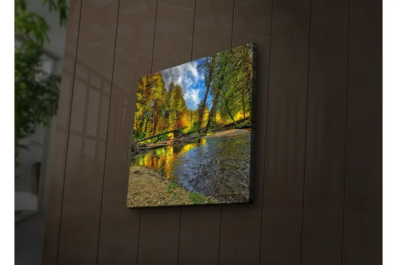 Lerretsbilde med LED-belysning 28x28 cm - Vakkert høstlandskap med fargerike trær ved en speilblank elv - Grønn / Oransje / Blå - Innredning - Bilder & kunst - Lerretsbilder