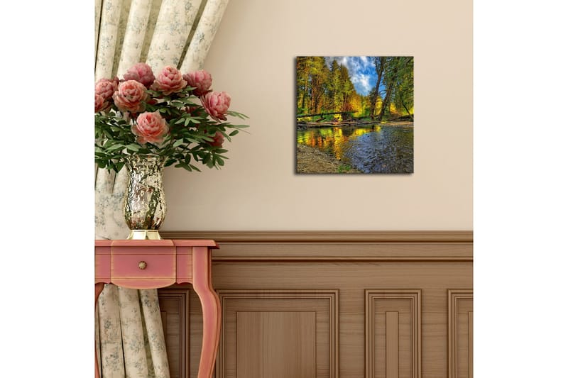 Lerretsbilde med LED-belysning 28x28 cm - Vakkert høstlandskap med fargerike trær ved en speilblank elv - Grønn / Oransje / Blå - Innredning - Bilder & kunst - Lerretsbilder