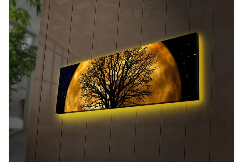 Lerretsbilde med LED-belysning 30x90 cm - Atmosfærisk motiv av en måne bak en silhuett av et tre, Gull / Svart