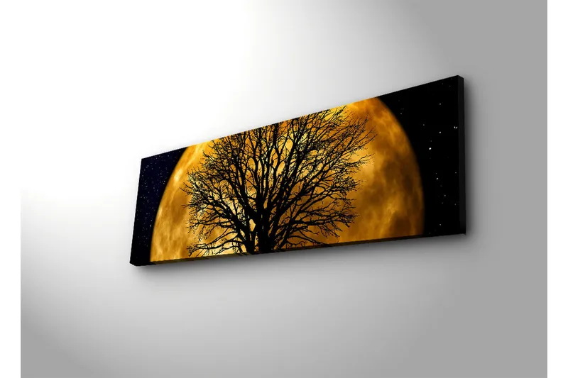 Lerretsbilde med LED-belysning 30x90 cm - Atmosfærisk motiv av en måne bak en silhuett av et tre - Gull / Svart - Innredning - Bilder & kunst - Lerretsbilder