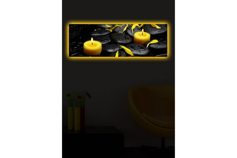 Lerretsbilde med LED-belysning 30x90 cm - Beroligende komposisjon med svarte steiner og brennende lys - Svart / Gul / Grå - Innredning - Bilder & kunst - Lerretsbilder
