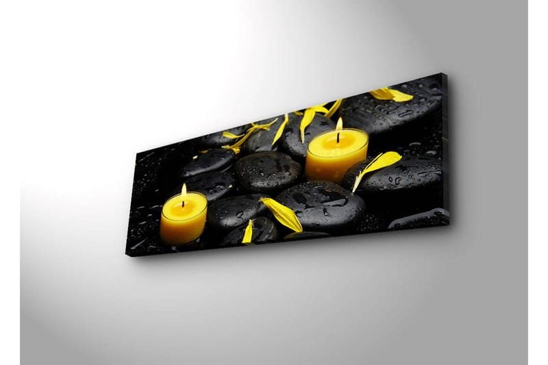 Lerretsbilde med LED-belysning 30x90 cm - Beroligende komposisjon med svarte steiner og brennende lys - Svart / Gul / Grå - Innredning - Bilder & kunst - Lerretsbilder