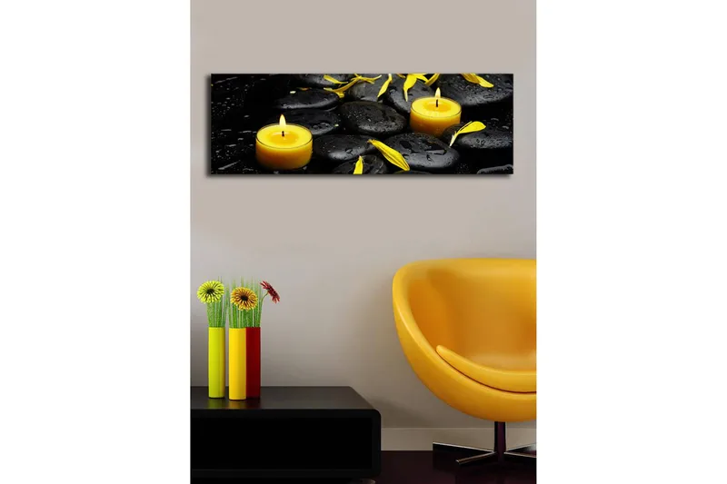 Lerretsbilde med LED-belysning 30x90 cm - Beroligende komposisjon med svarte steiner og brennende lys - Svart / Gul / Grå - Innredning - Bilder & kunst - Lerretsbilder