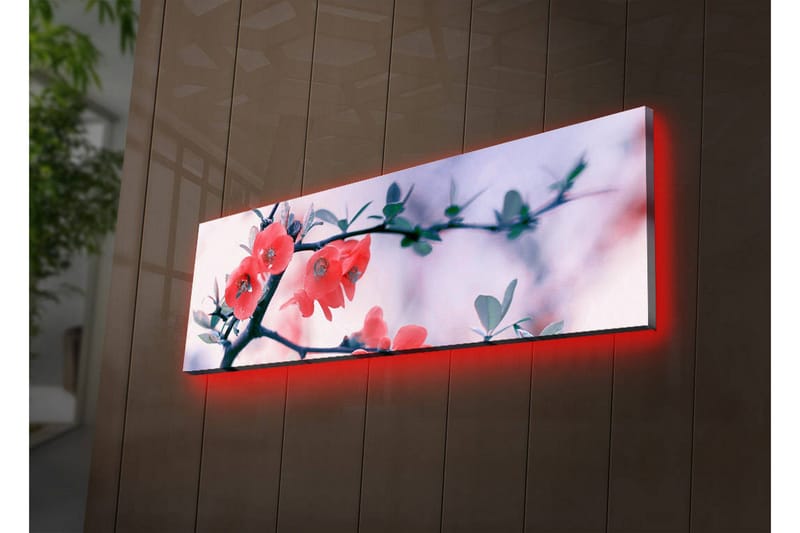 Lerretsbilde med LED-belysning 30x90 cm - Blomstrende kvist med rosa blomster - Rosa / Grønn / Hvit - Innredning - Bilder & kunst - Lerretsbilder