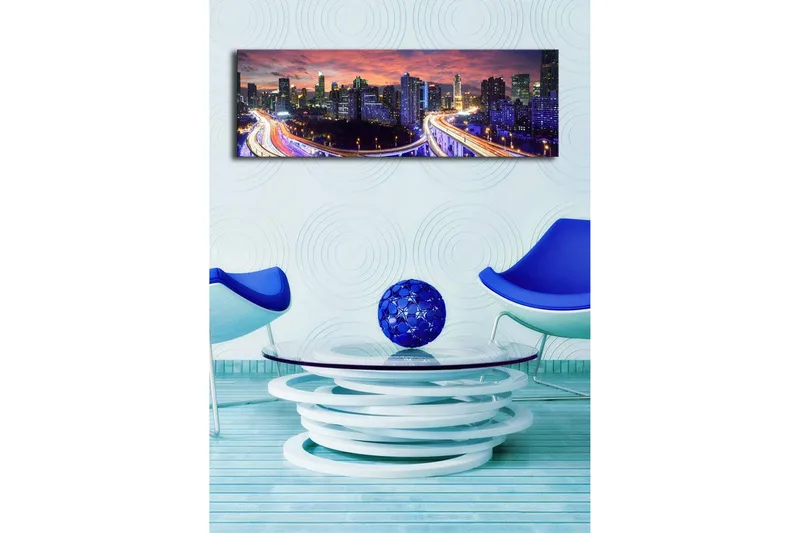 Lerretsbilde med LED-belysning 30x90 cm - Bysilhuett i skumringen med lysstråler fra veiene - Mørk blå / Oransje / Lilla - Innredning - Bilder & kunst - Lerretsbilder