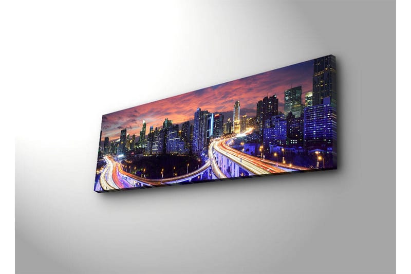 Lerretsbilde med LED-belysning 30x90 cm - Bysilhuett i skumringen med lysstråler fra veiene - Mørk blå / Oransje / Lilla - Innredning - Bilder & kunst - Lerretsbilder